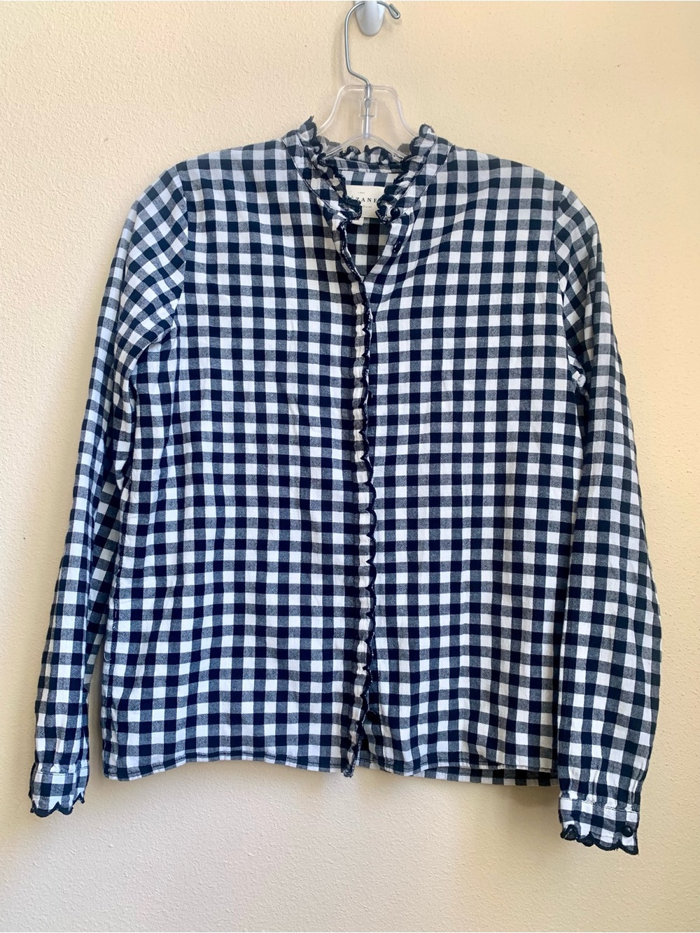 Sezane Black & White Gingham Ruffled Long-Sleeve Shirt Cotton Size XS XXS